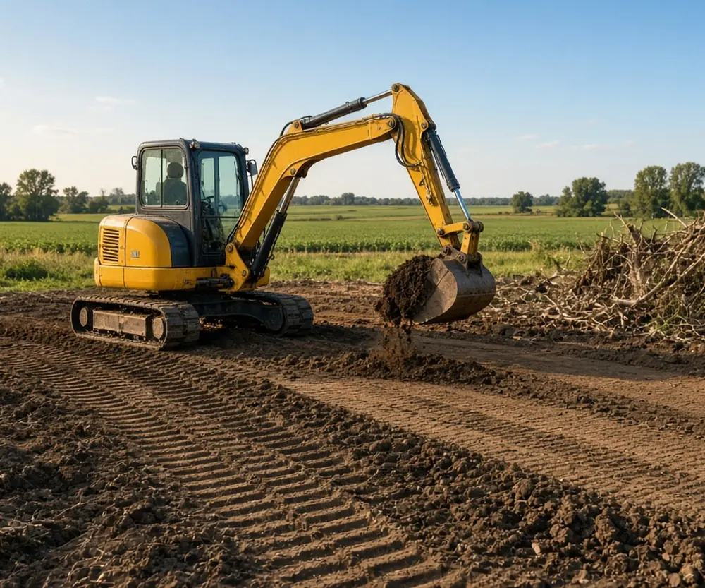 A mini excavator grading a cleared lot next to a brush pile