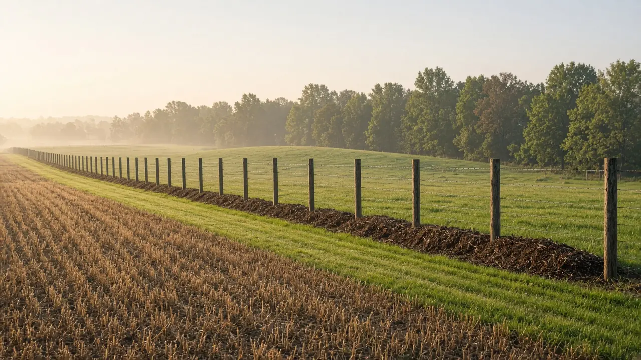 A freshly cleared fence line with mowed grass and mulched brush
